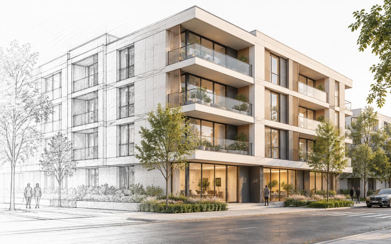 Architektur-Visualisierung eines modernen Wohngebäudes, halb als Skizze, halb fertig gerendert
