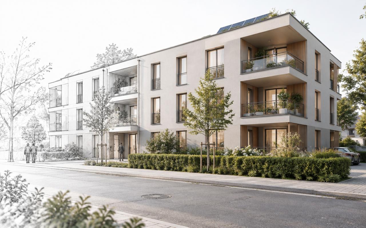 Architektur-Visualisierung eines dreigeschossigen Wohnhauses, halb als Skizze, halb fertig gerendert